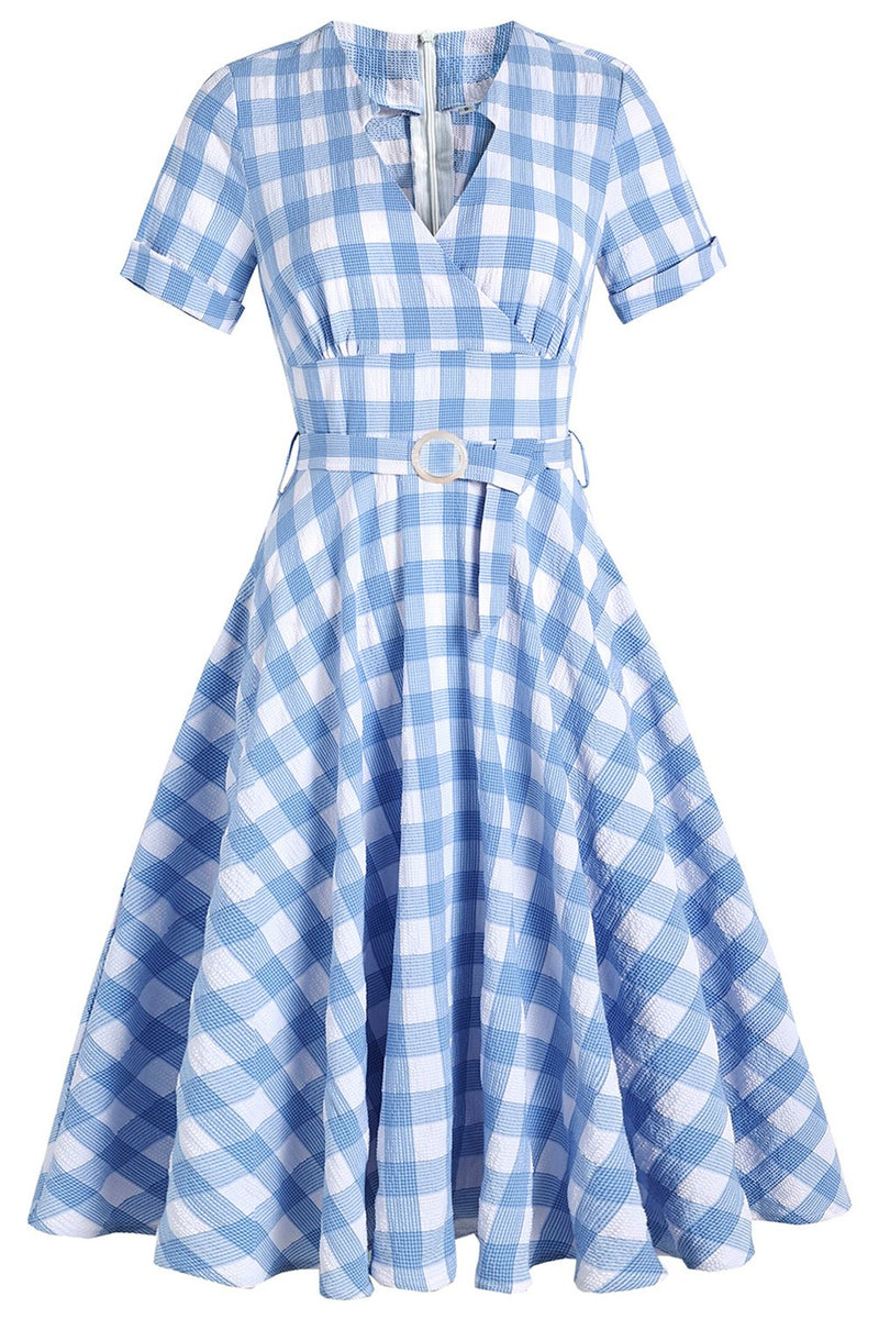 Load image into Gallery viewer, Vinatge Blue Plaid 1950s Dress