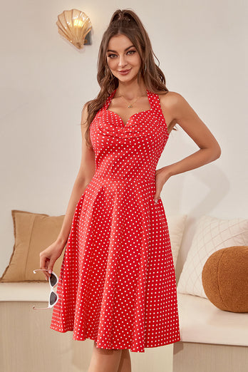 Halter Polka Dots Red 1950s Dress
