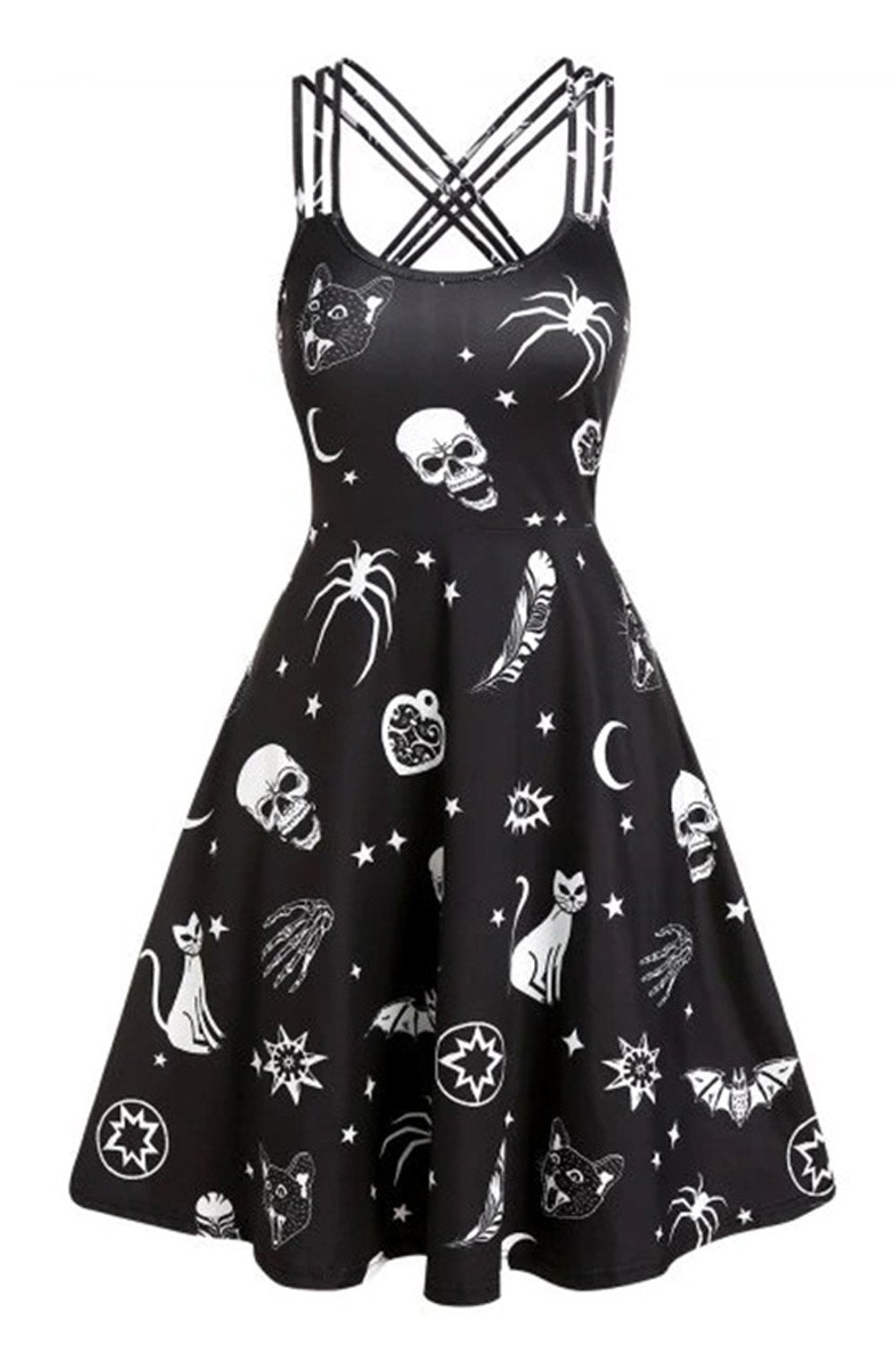 Black Skull Print Pin Up Vintage Dress