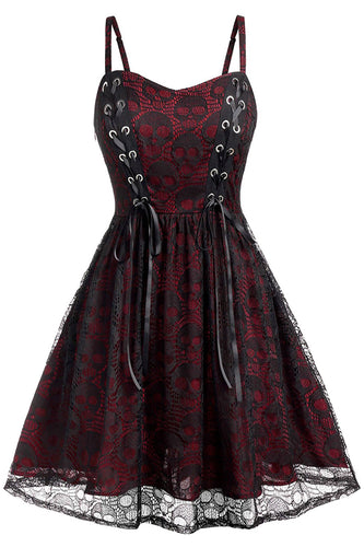 Burgundy Skull Lace Vintage Dress