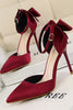 Load image into Gallery viewer, Burgundy Satin Prom Heels with Bowknot