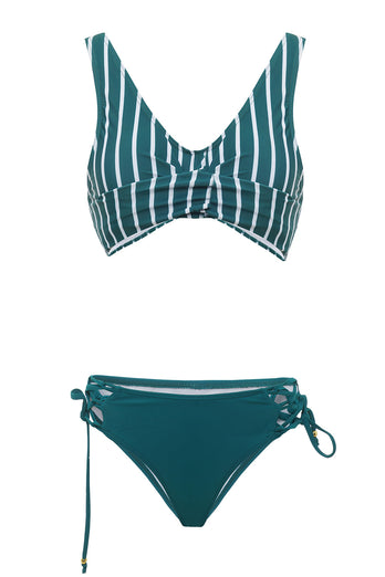 Green V-Neck Two Pieces Swimsuit