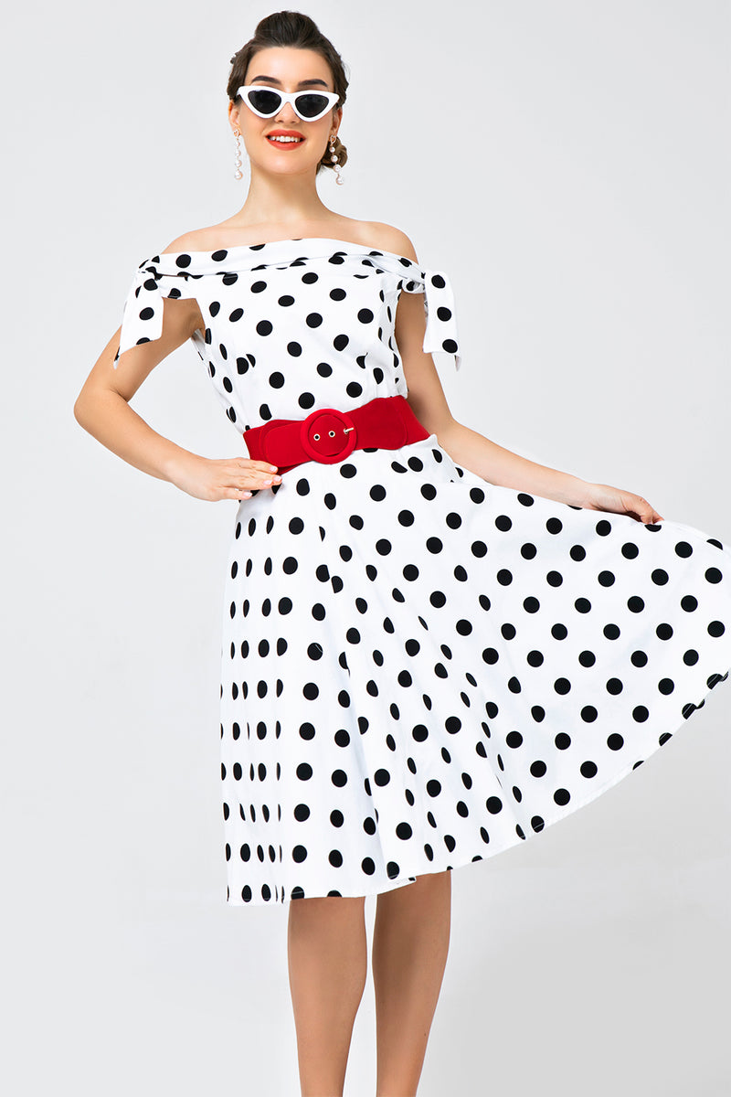 Load image into Gallery viewer, White Off-shoulder Dress with Black Polka Dots