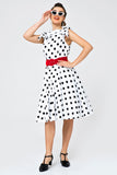 White Off-shoulder Dress with Black Polka Dots