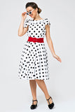 White Off-shoulder Dress with Black Polka Dots