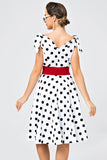 White Off-shoulder Dress with Black Polka Dots