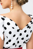 White Off-shoulder Dress with Black Polka Dots