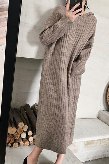Beige Knitted Hooded Long Sleeves Sweater Dress