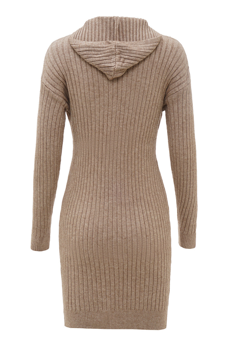 Load image into Gallery viewer, Beige Knitted Hooded Long Sleeves Sweater Dress