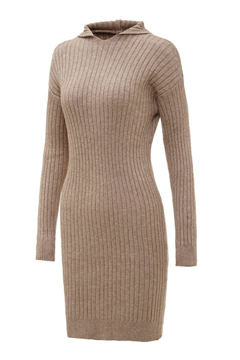 Beige Knitted Hooded Long Sleeves Sweater Dress