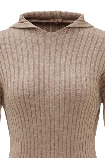 Beige Knitted Hooded Long Sleeves Sweater Dress