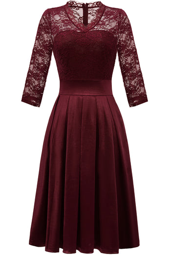 Burgundy 3/4 Sleeves Lace Formal Dress