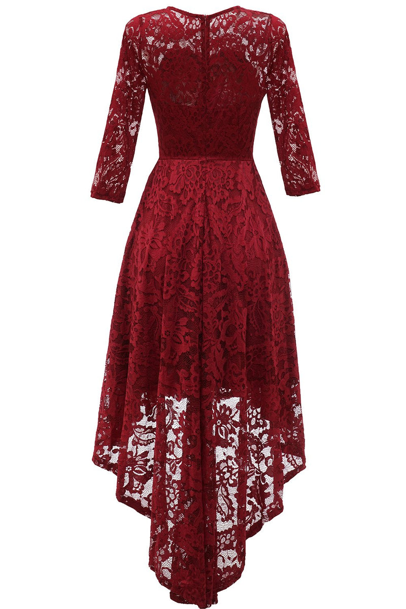 Zapaka Women Burgundy Lace Dress High Low Long Sleeves Formal Party ...