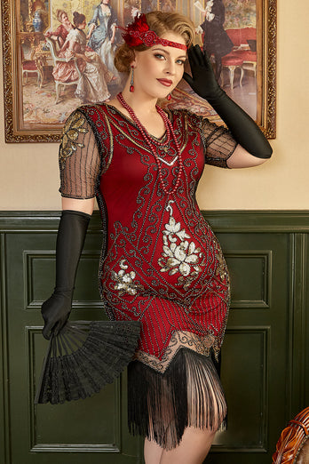 Plus Size 1920s Gatsby Sequin Fringed Flapper Dress