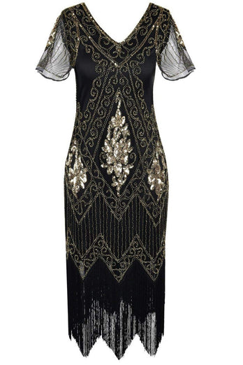 V Neck Black 1920s Flapper Dress