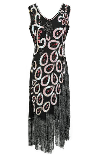 Black Blue Asymmetrical V Neck 1920s Flapper Dress