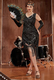 Black V-neck Fringe Sequined Gatsby 1920s Flapper Dress