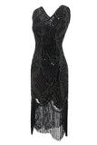 Black V-neck Fringe Sequins 1920s Dress