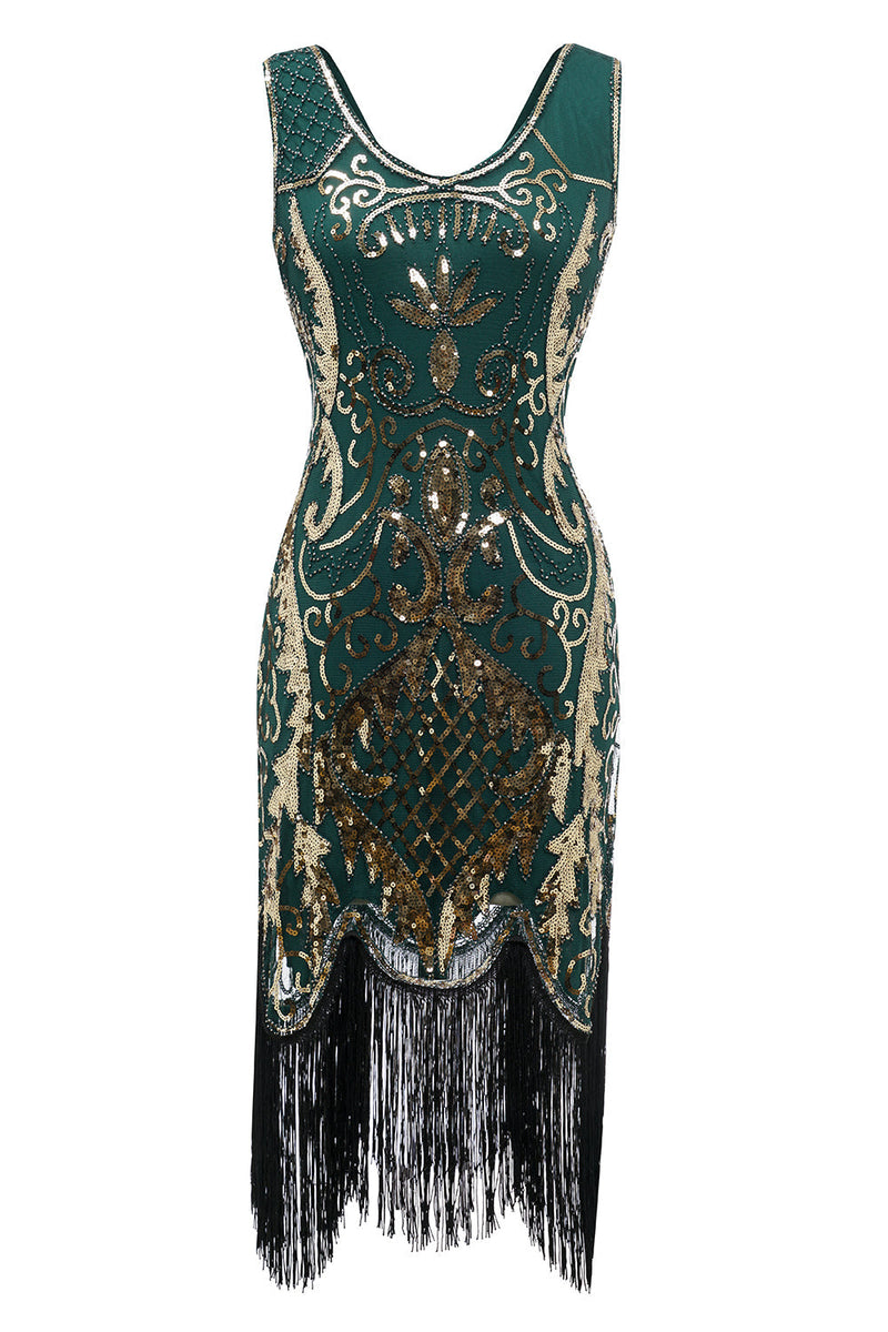 Load image into Gallery viewer, Black V-neck Fringe Sequined Gatsby 1920s Flapper Dress