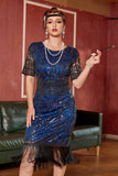 Blue Sequined Fringe Gatsby 1920s Dress with Sleeves