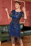 Blue Sequined Fringe Gatsby 1920s Dress with Sleeves