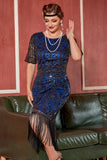 Blue Sequined Fringe Gatsby 1920s Dress with Sleeves