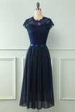 Navy Midi Lace Wedding Party Dress