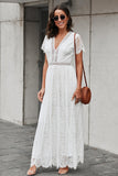 V-neck Long White Lace Dress