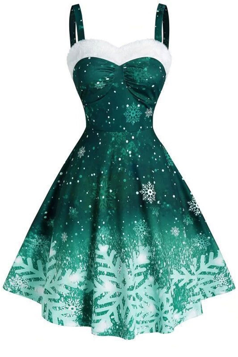Load image into Gallery viewer, Green Christmas Snowflake Print Vintage Dress