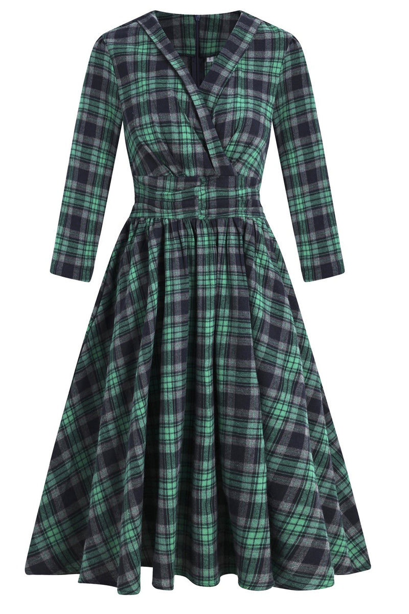Load image into Gallery viewer, Green V Neck Plaid Vintage Dress