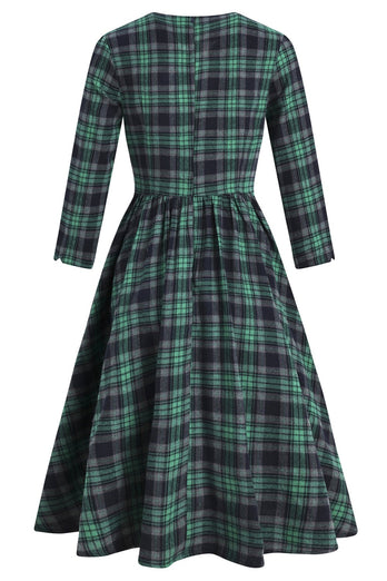 Green V Neck Plaid Vintage Dress
