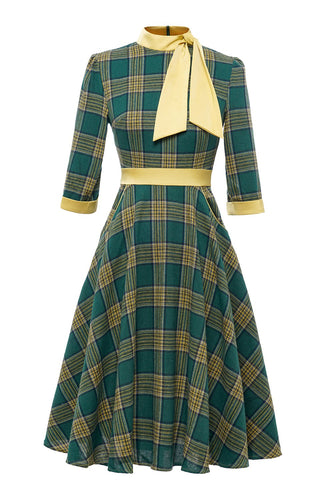Green Plaid Vintage 1950s Dress with Bowknot