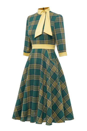 Green Plaid Vintage 1950s Dress with Bowknot