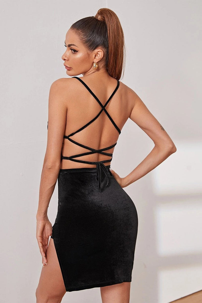 Load image into Gallery viewer, Bodycon Spaghetti Straps Black Velvet Holiday Party Dress