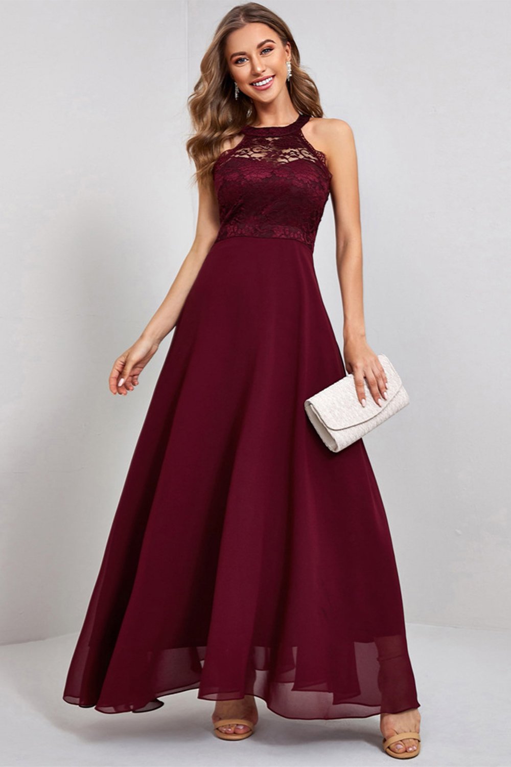 Burgundy Long Lace Party Dress