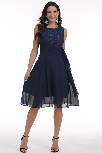 Navy Lace Wedding Party Dress with Ruffles
