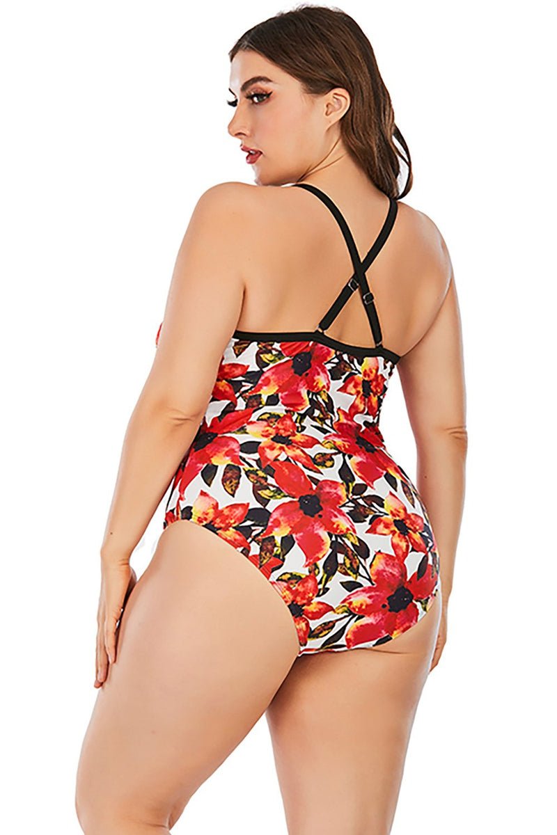 Load image into Gallery viewer, Red Flower Print Plus Size One Piece Swimsuit