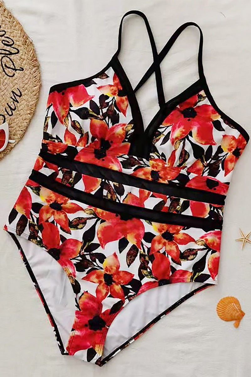 Load image into Gallery viewer, Red Flower Print Plus Size One Piece Swimsuit