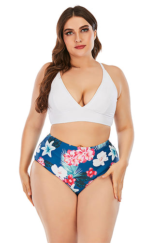 Plus Size Blue Print High Waisted Two Piece Swimsuit