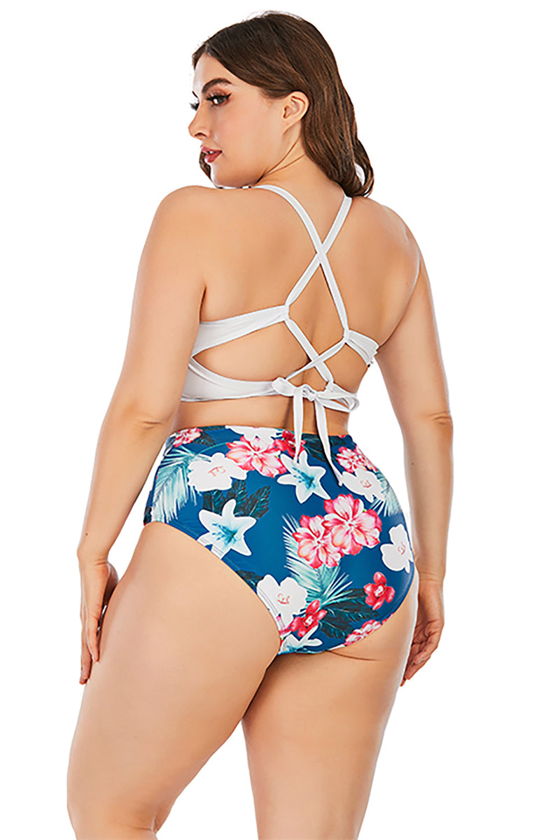 Load image into Gallery viewer, Plus Size Blue Print High Waisted Two Piece Swimsuit