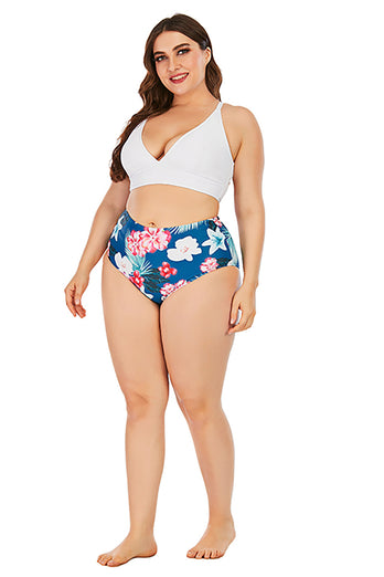 Plus Size Blue Print High Waisted Two Piece Swimsuit