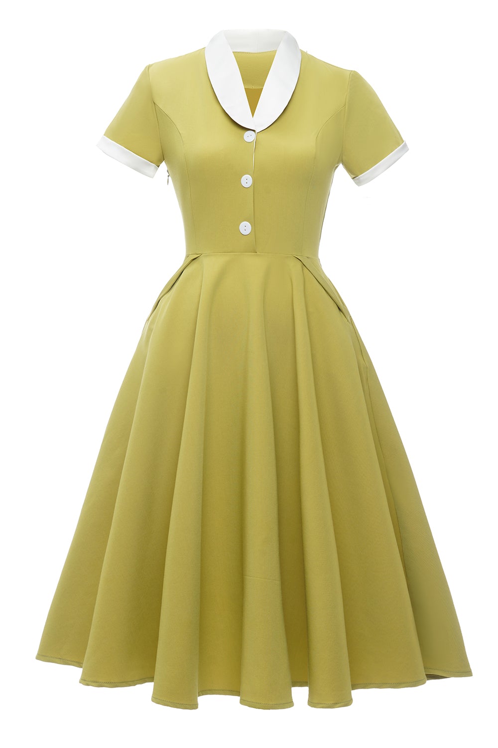 V Neck Lemon Yellow Vintage Dress with Short Sleeves