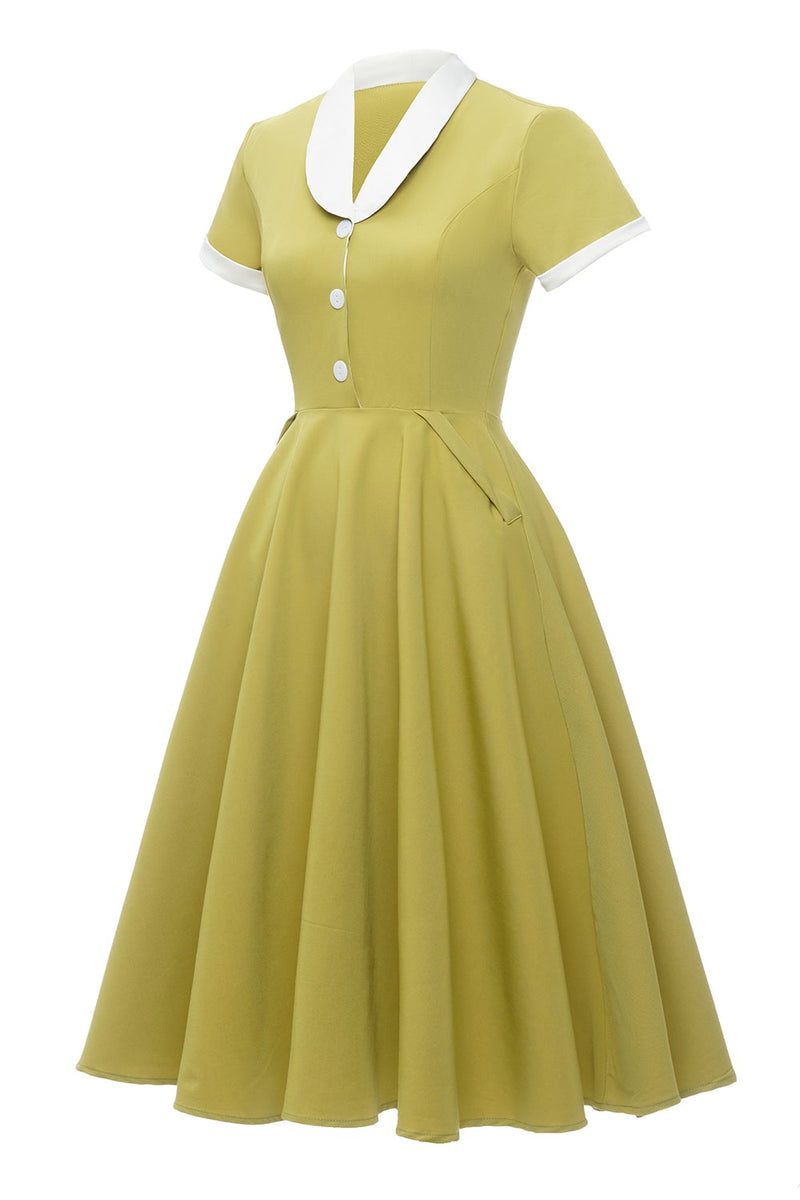 Load image into Gallery viewer, V Neck Lemon Yellow Vintage Dress with Short Sleeves