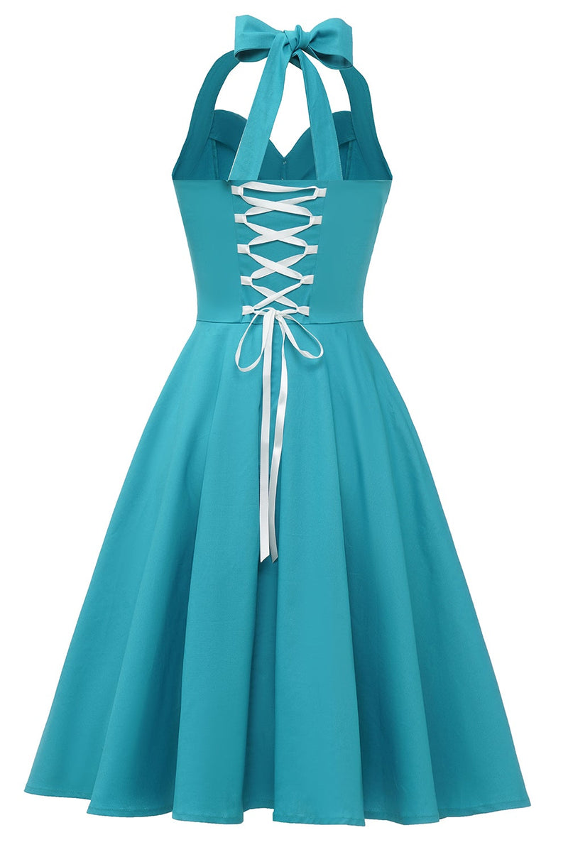 Load image into Gallery viewer, Halter Blue Vintage Dress with Bowknot