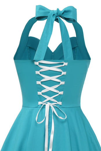 Halter Blue Vintage Dress with Bowknot
