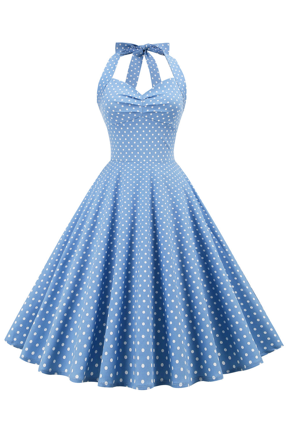 Zapaka Women Retro Dress Blue Polka Dots Halter Open Back Vintage Dress Zapaka CA