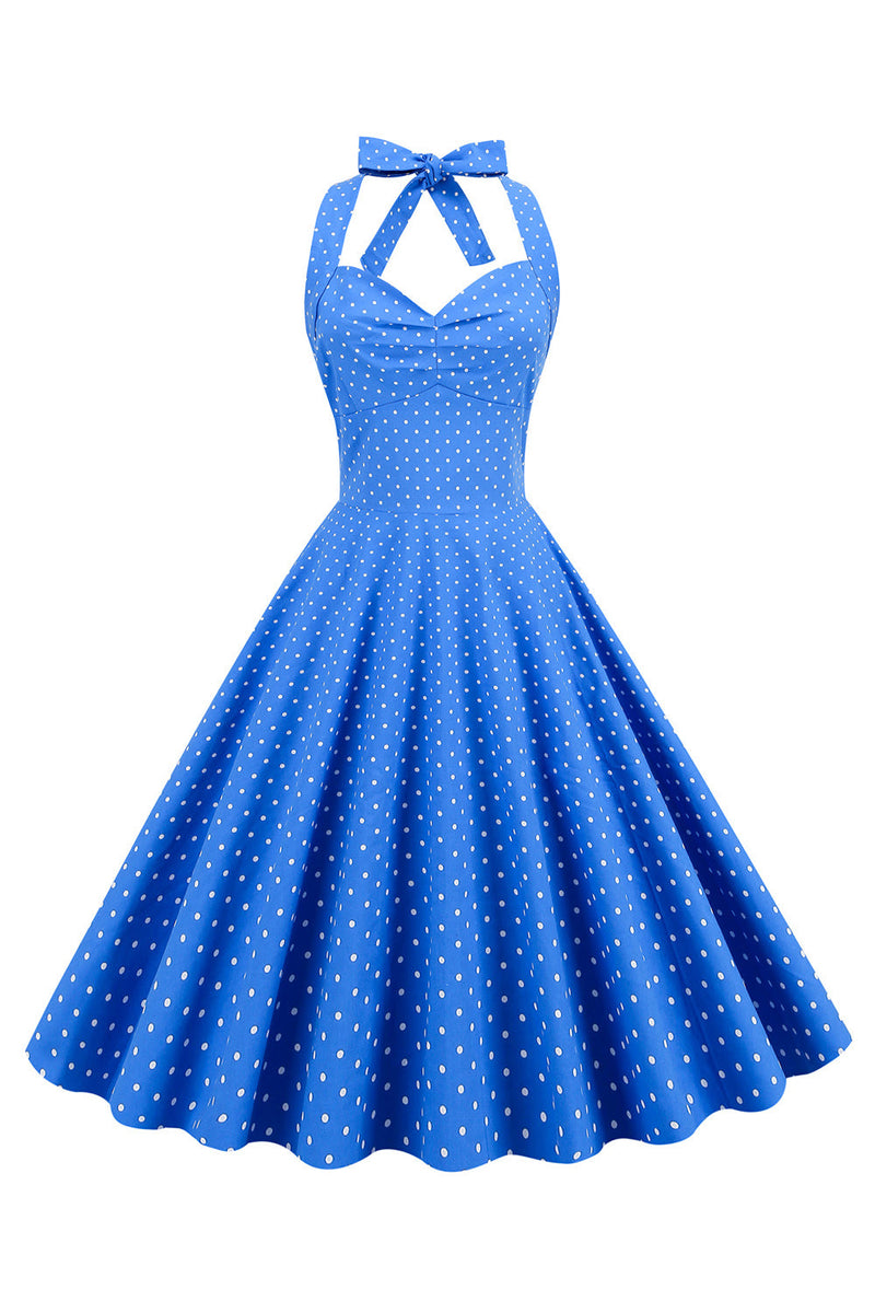 Load image into Gallery viewer, Halter Neck Blue Polka Dots Vintage Dress with Backless