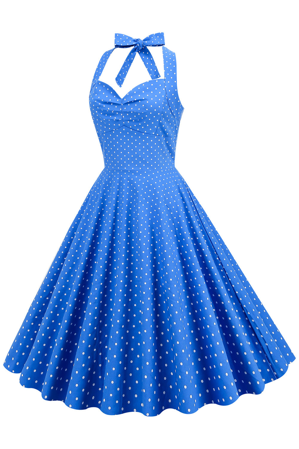 Zapaka Women Retro Dress Blue Polka Dots Halter Open Back Vintage Dress Blue Small White Dot 2XL