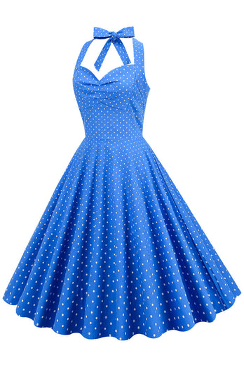 Halter Neck Blue Polka Dots Vintage Dress with Backless
