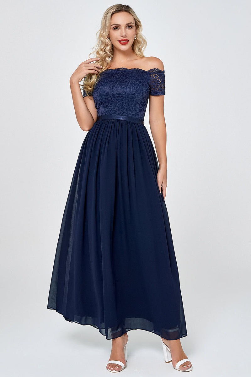 Load image into Gallery viewer, Navy Off the Shoulder Long Chiffon Bridesmaid Formal Dress with Lace